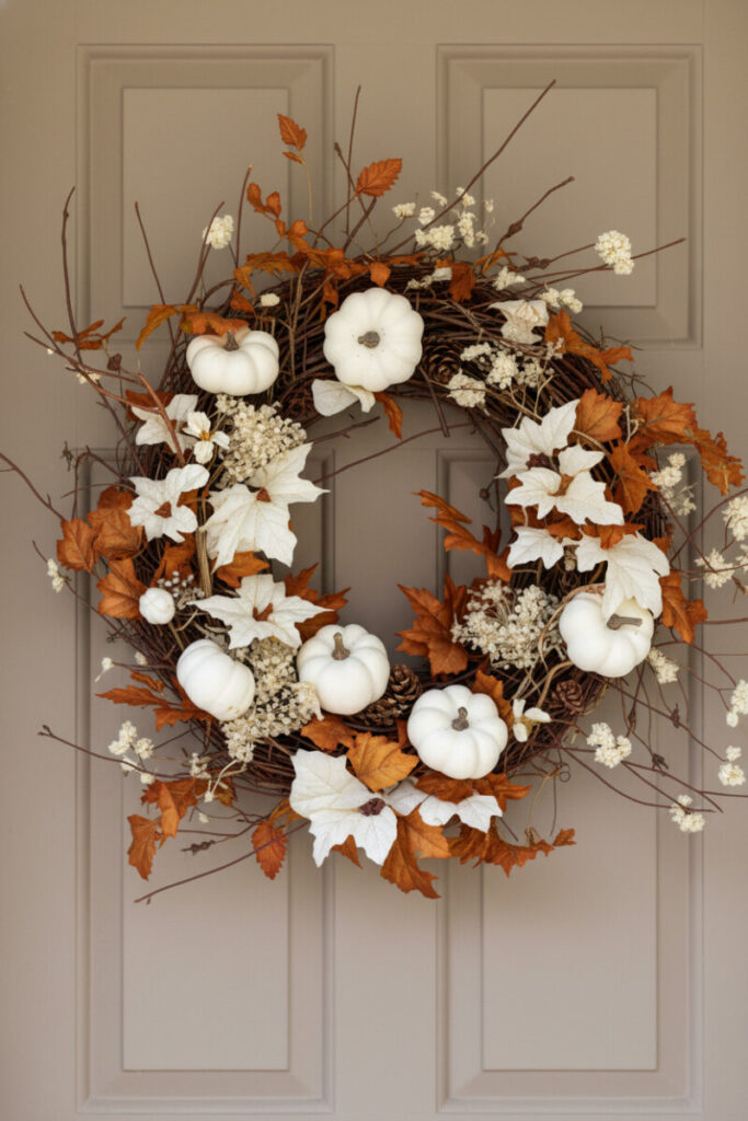 Dark grapevine base studded with pristine white gourds, burnished copper leaves, and pinecones on a light taupe door.