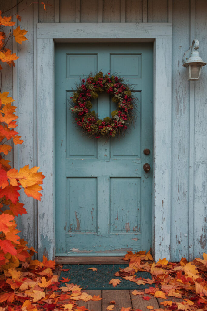 Faded dusty teal cottage door with an organic wreath of deep crimson berries, dark moss, and twigs above a floor of fiery fallen leaves.