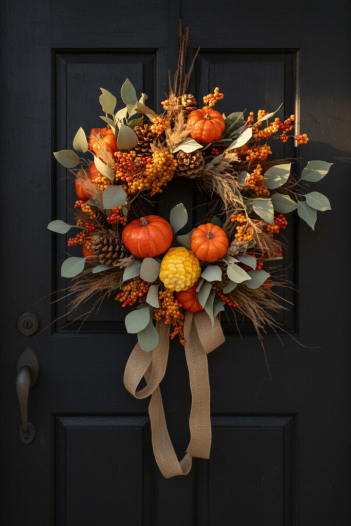 Pumpkin-studded wreath with rust berries, dried grasses, and sage eucalyptus, rim-lit by warm golden-hour light on a charcoal-black door.