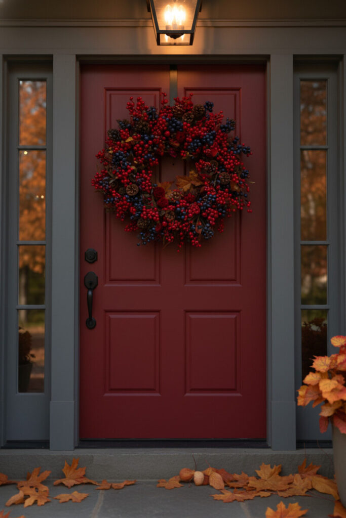 Oversized wreath of glossy scarlet winterberries with indigo accents on a matte cranberry red door beneath a glowing lantern.