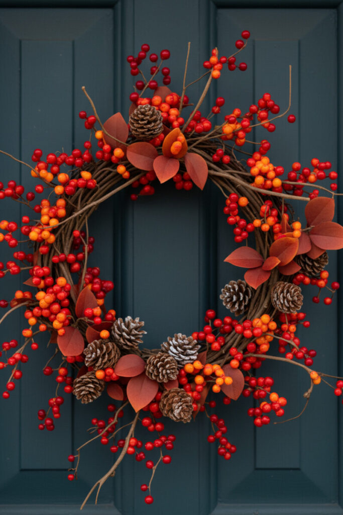 Grapevine wreath bursting with saturated red and orange berries, frosted pinecones, and mahogany leaves on a dark teal-blue door.