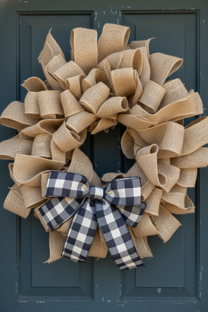 Voluminous burlap-loop wreath with a charcoal-blue plaid bow centered on a slate blue-green vintage paneled door.