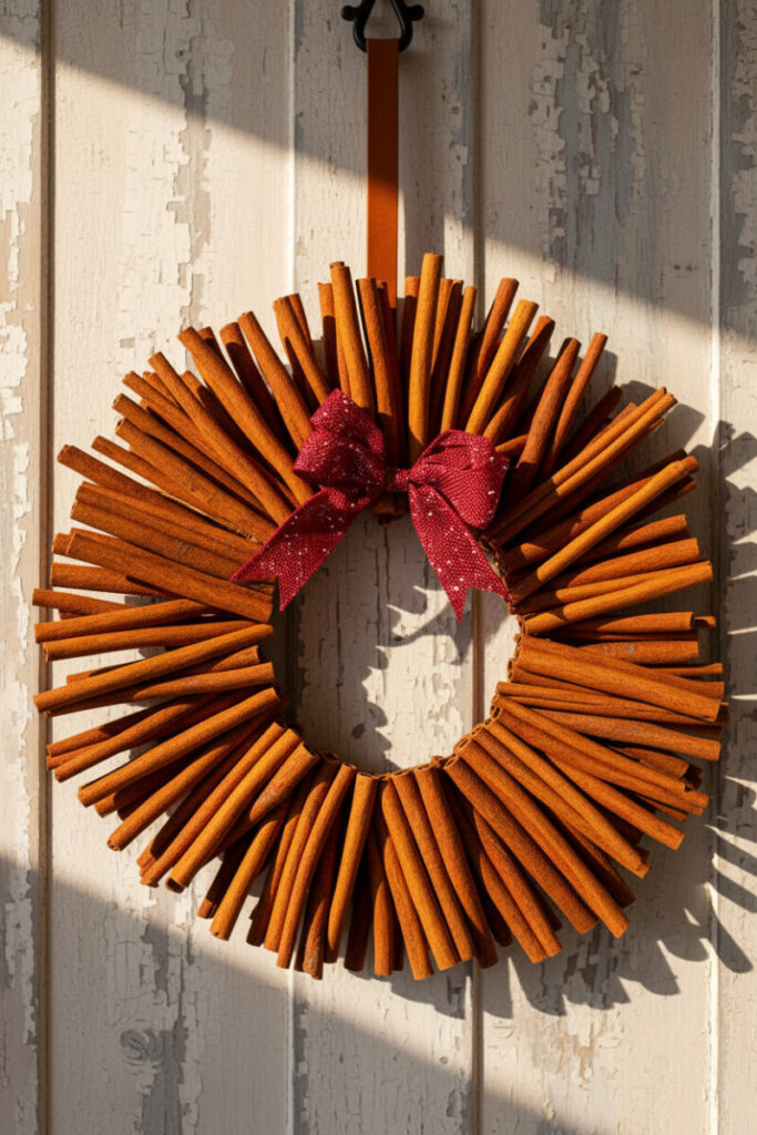 Radial sunburst of cinnamon sticks with a crimson burlap bow, hanging by a leather strap on chipped antique-white wood.