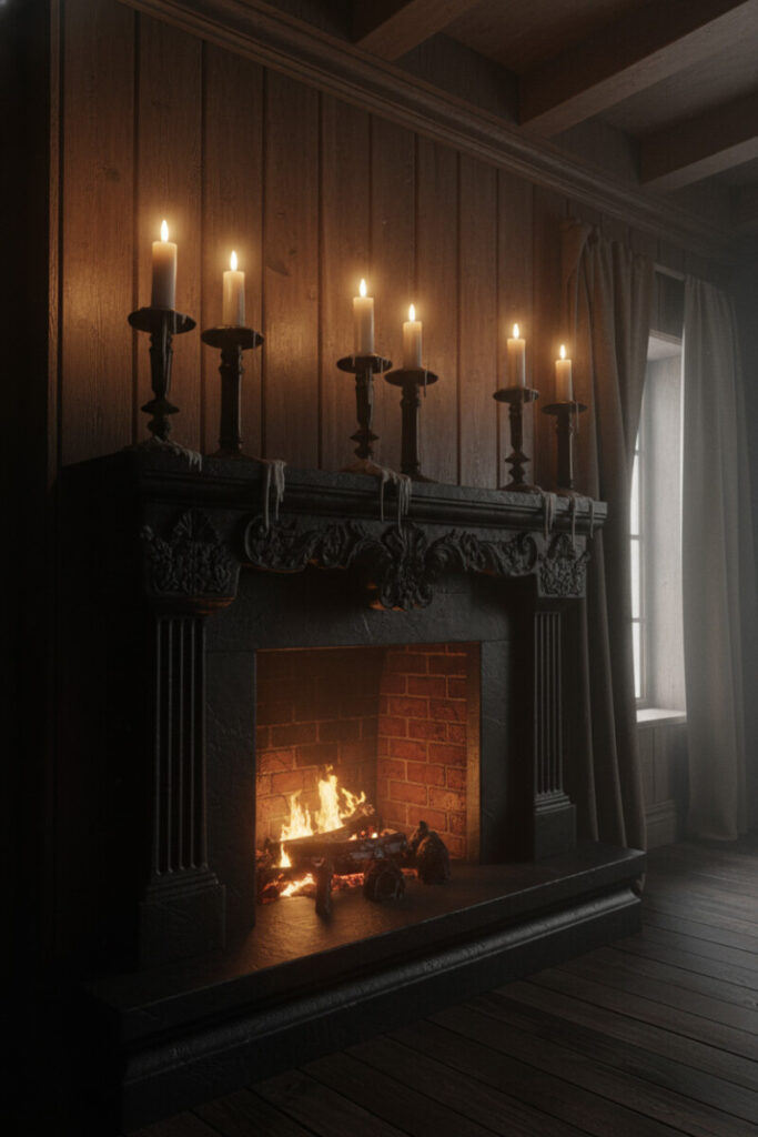 Moody gothic study with antique black fireplace, flickering candles, and warm chiaroscuro lighting for elegant Halloween inspiration.