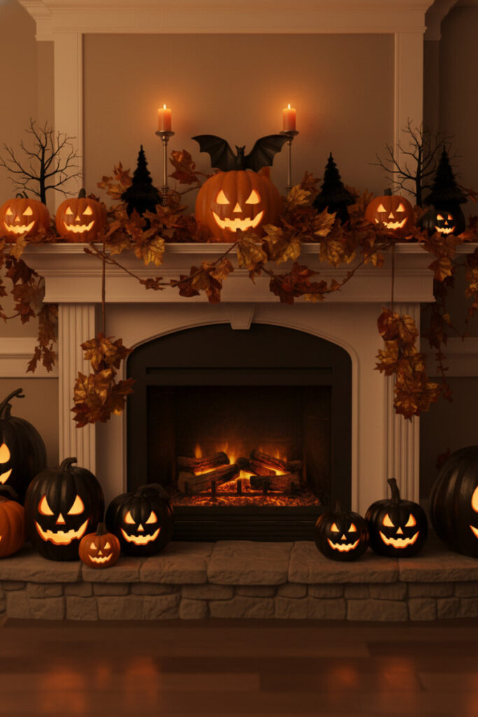 Traditional mantel filled with carved pumpkins and leaf garlands, ideal for seasonal fireplace decorating ideas.