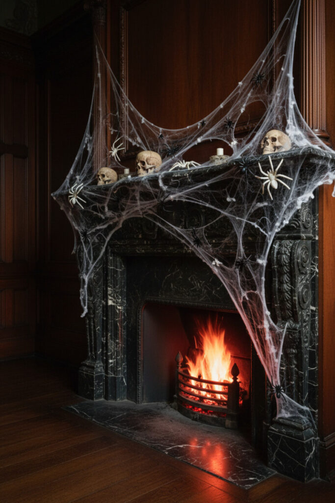 Victorian fireplace covered in dusty cobwebs and spiders glowing under warm orange firelight.