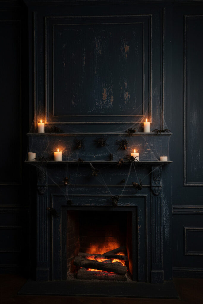 Midnight-blue mantel decorated with bronze spiders, candlelight, and subtle Halloween textures.