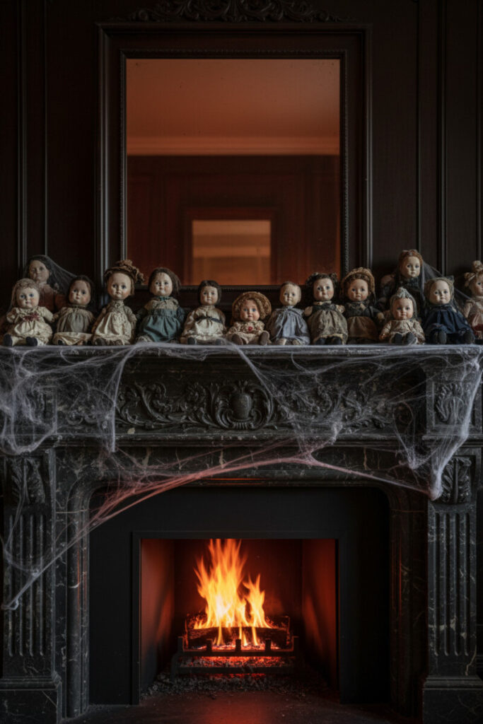 Ornate gothic mantel lined with vintage dolls under cobwebs and eerie flickering shadows.