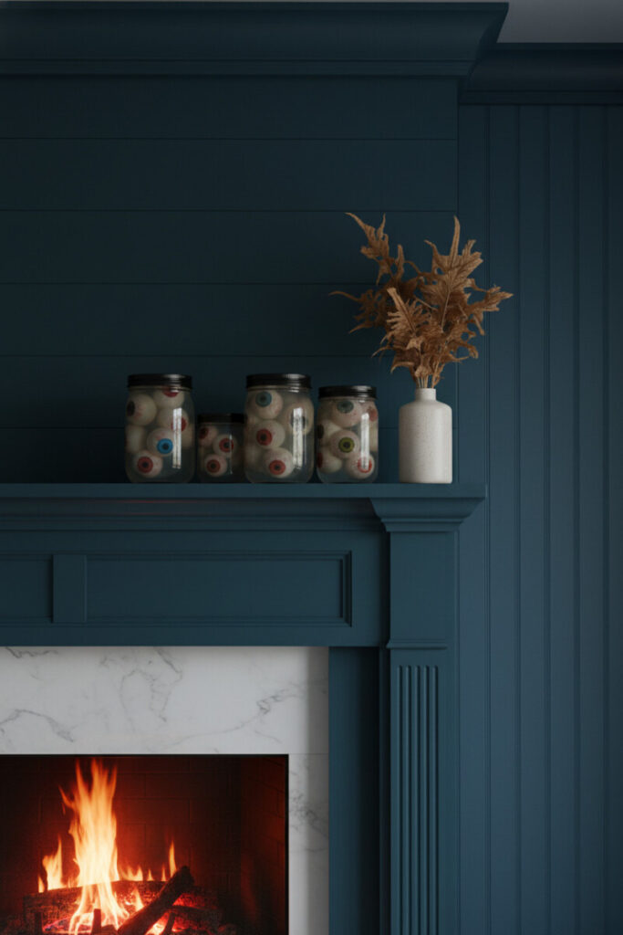 Teal fireplace shelf lined with jars of floating eyeballs beside dried grasses and warm candlelight.