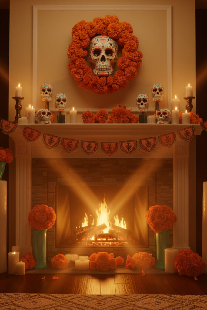White mantel featuring marigold wreath, sugar skulls, papel picado, and glowing candles celebrating Dia de los Muertos.