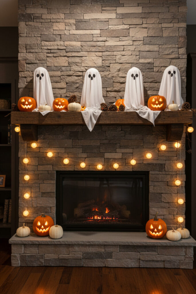 Stone fireplace decorated with cute white ghosts, pumpkins, and warm fairy lights for family-friendly Halloween décor.