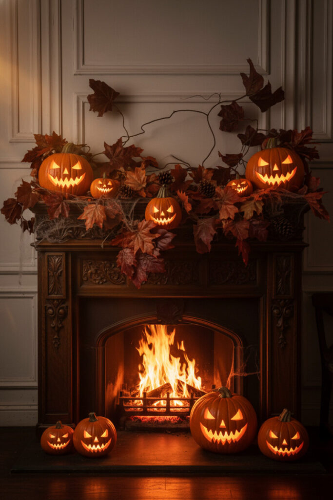 Dark carved mantel overflowing with fiery leaves, vines, and glowing jack-o’-lanterns.