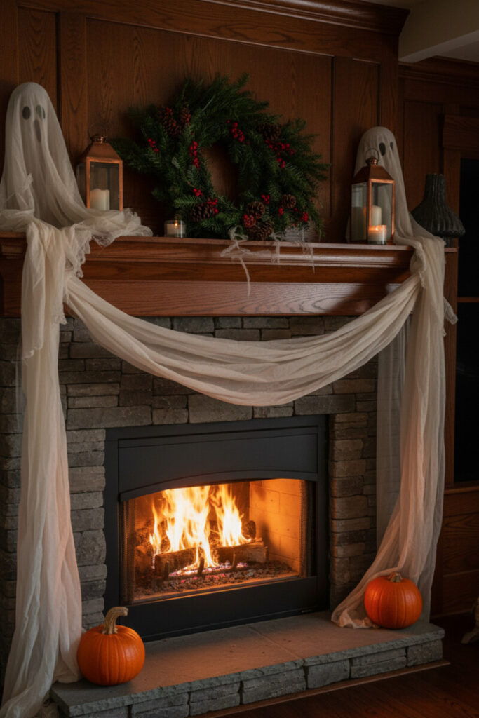 Rustic stone fireplace with sheer fabric ghosts, pine wreath, and antique lanterns for soft haunting glow.