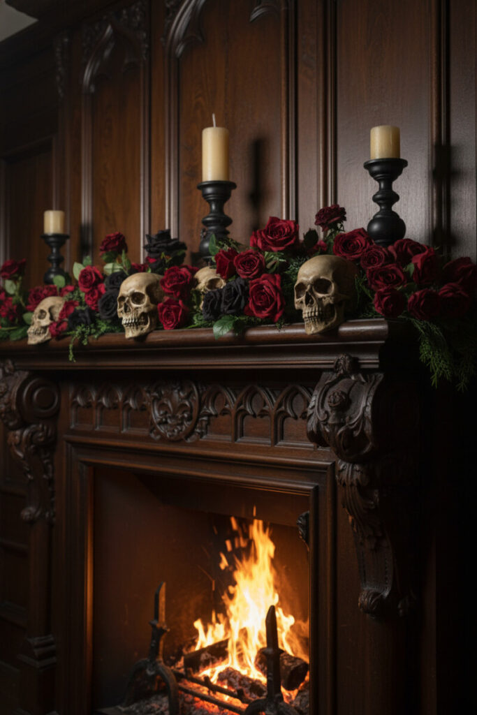 Antique wooden mantel decorated with skulls, black roses, and flickering candles—perfect gothic Halloween mantel ideas for dramatic interiors.