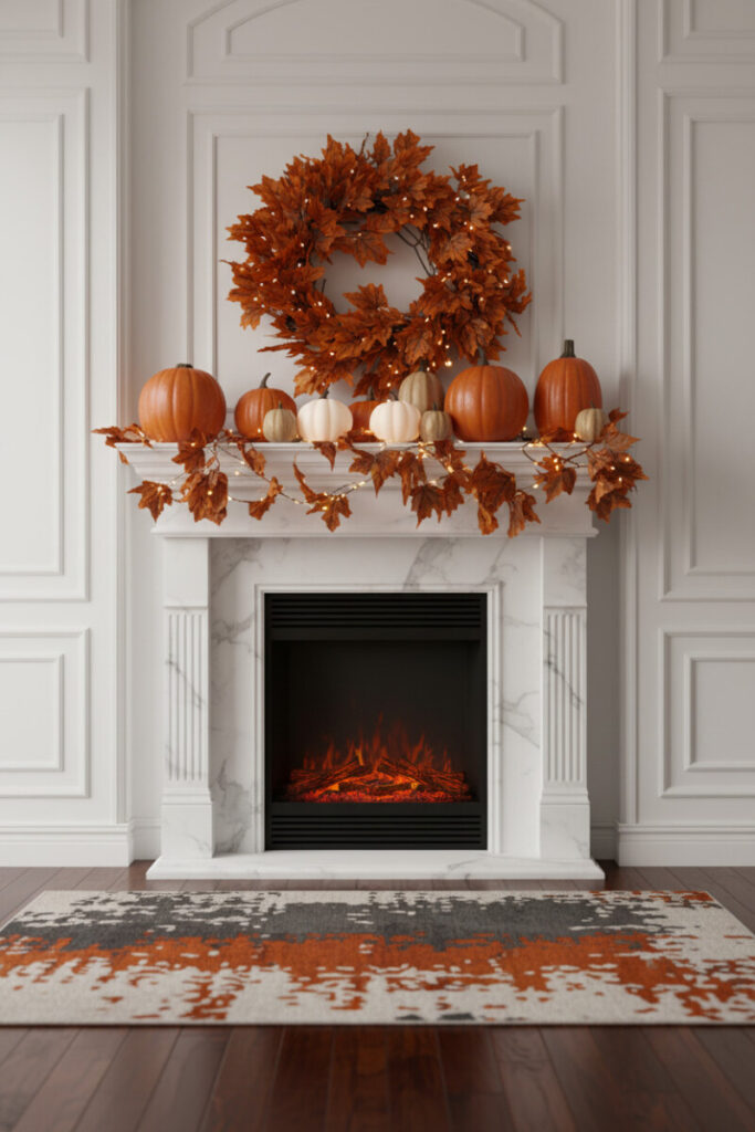 Elegant white fireplace styled with glowing autumn garlands and pumpkins, showcasing classic Halloween mantel decor for a cozy home.