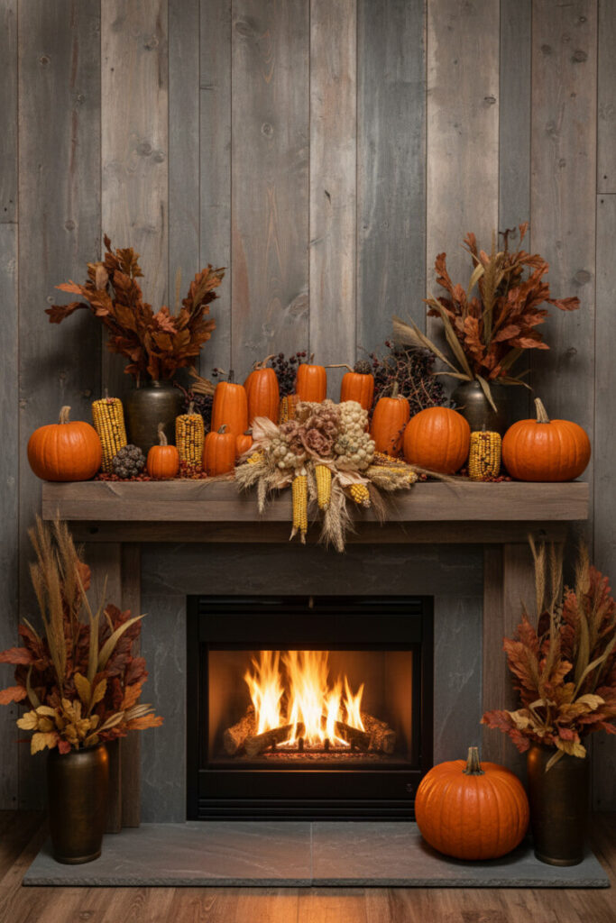Rustic wood mantel stacked with Indian corn, pumpkins, and wheat for a harvest-style Halloween setting.