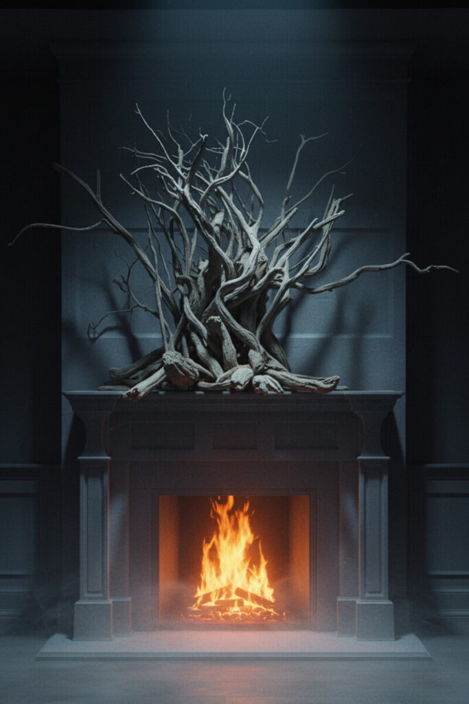 Mantel styled as a miniature haunted forest with twisted branches and soft ember-like lighting.