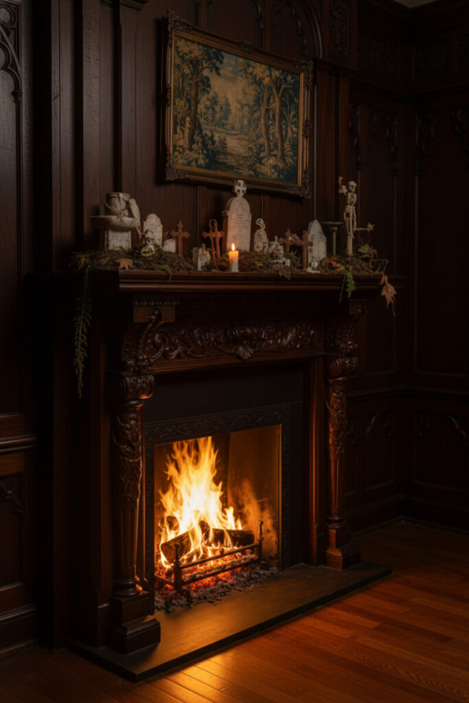 Fireplace display with tiny tombstones, moss, and flickering votives creating eerie graveyard shadows.