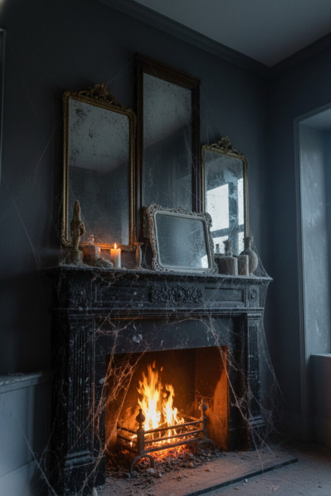 Aged mirrors above a dark fireplace reflecting ghostly candlelight and subtle Halloween ambiance.