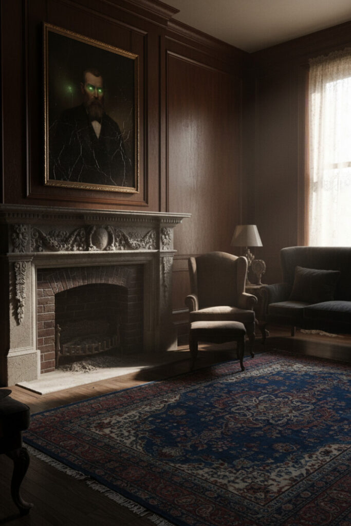 Gothic parlor with haunted green-eyed portrait and deep chiaroscuro lighting over an old stone hearth.