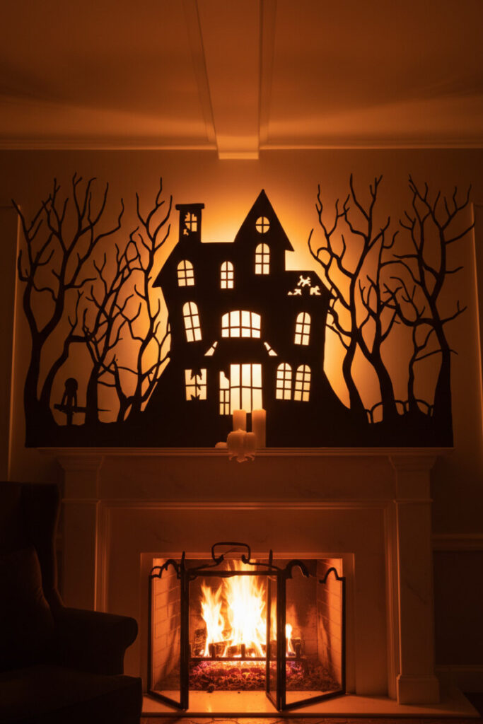 Black cutout haunted house and trees backlit by amber light on a classic white mantel.