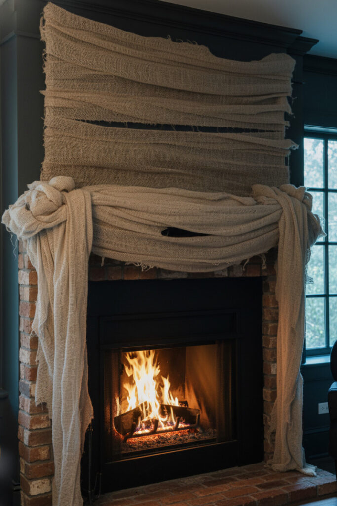 Fireplace wrapped in linen strips like a mummy, glowing with warm orange light from the fire below.