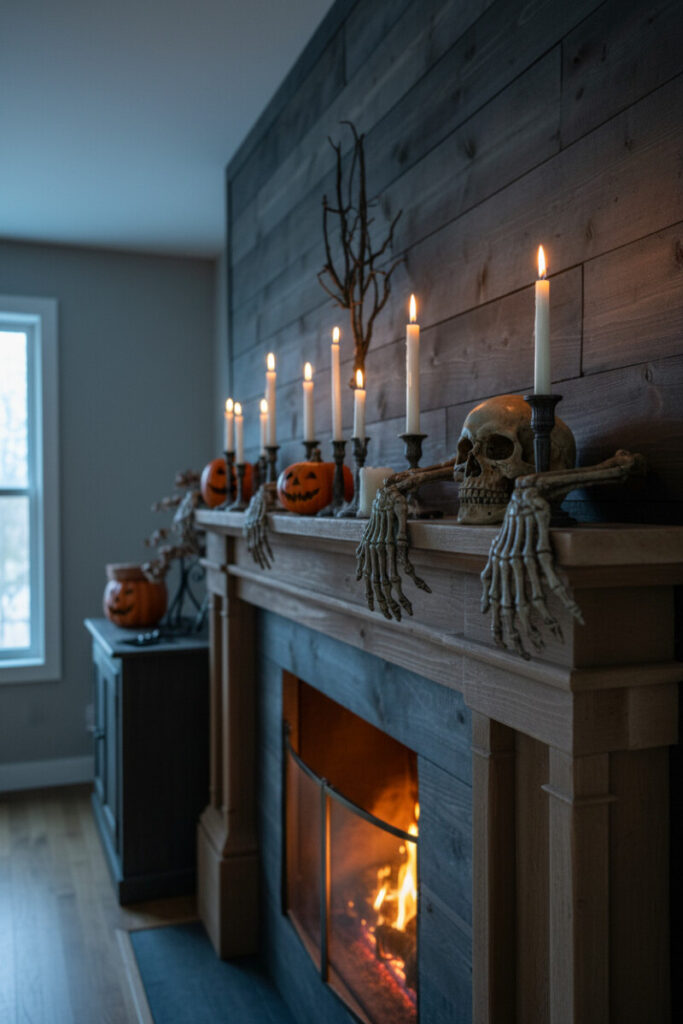 Rustic mantel with skeletal hands, skull, and candles glowing under soft amber firelight.