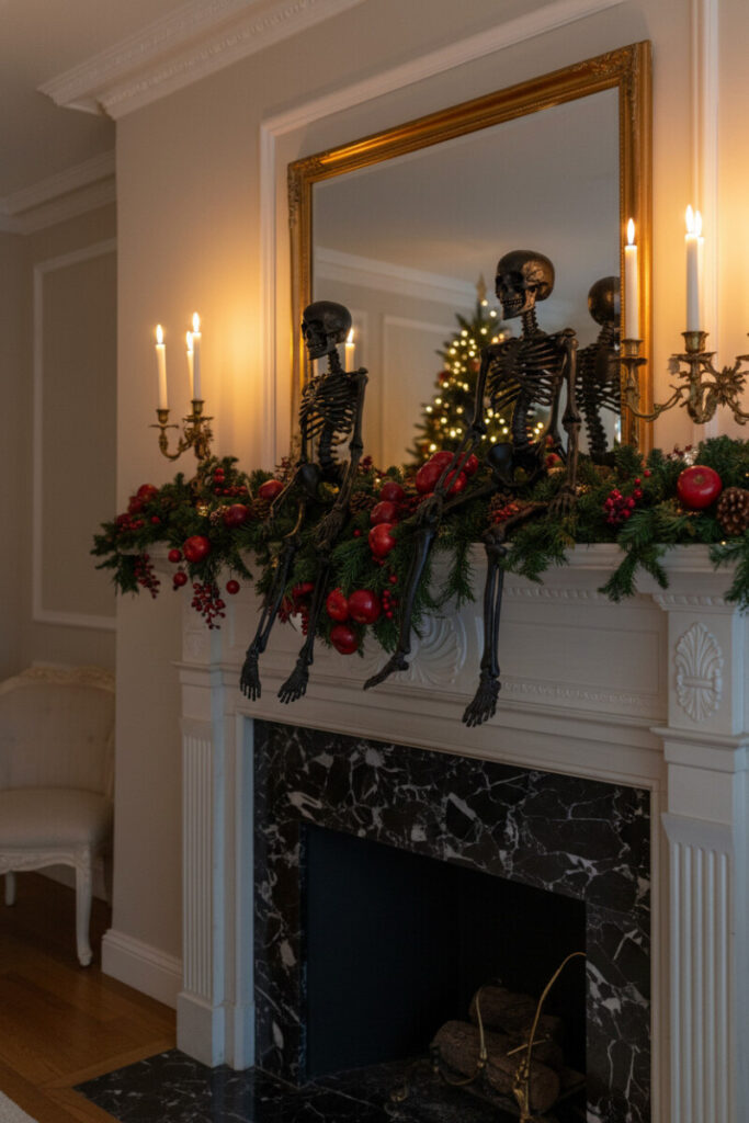 Elegant white marble fireplace with seated skeletons, pine garland, and golden candlelight reflections.