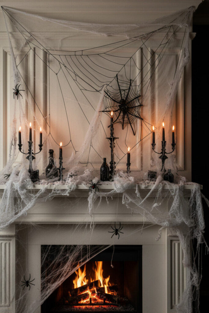 White mantel blanketed with cobwebs and large black spiders under the glow of candelabras and firelight.