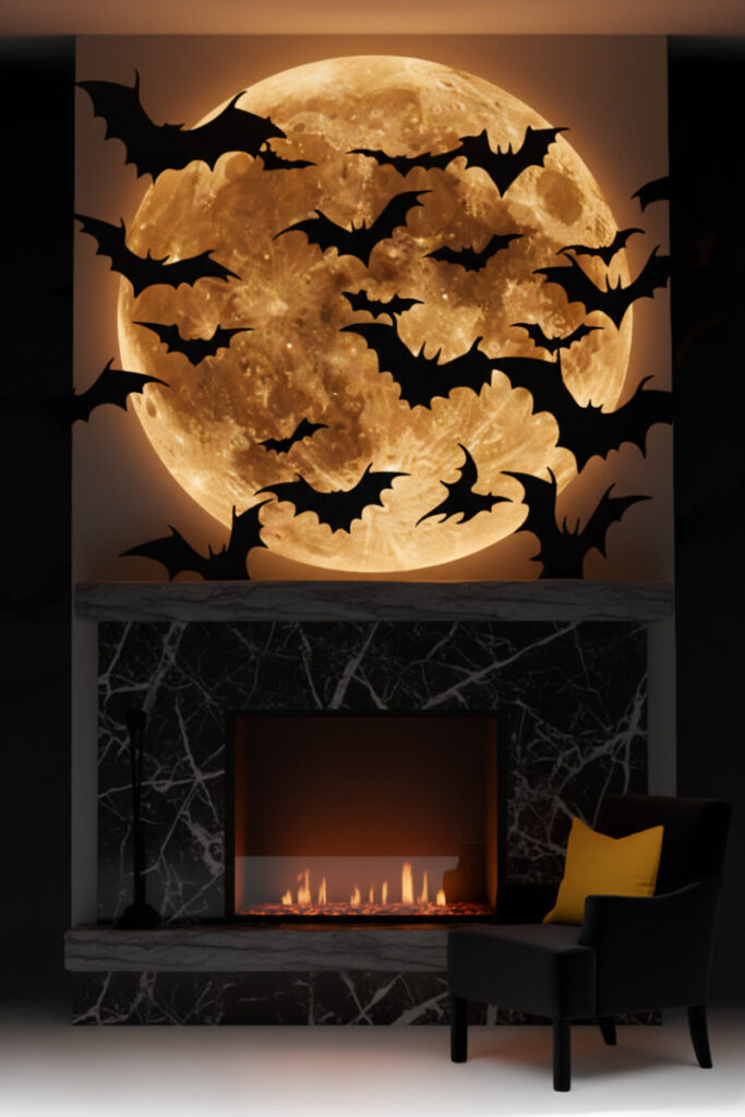 Dramatic living room with a glowing harvest moon backdrop, black bats, and modern marble mantel for atmospheric Halloween style.