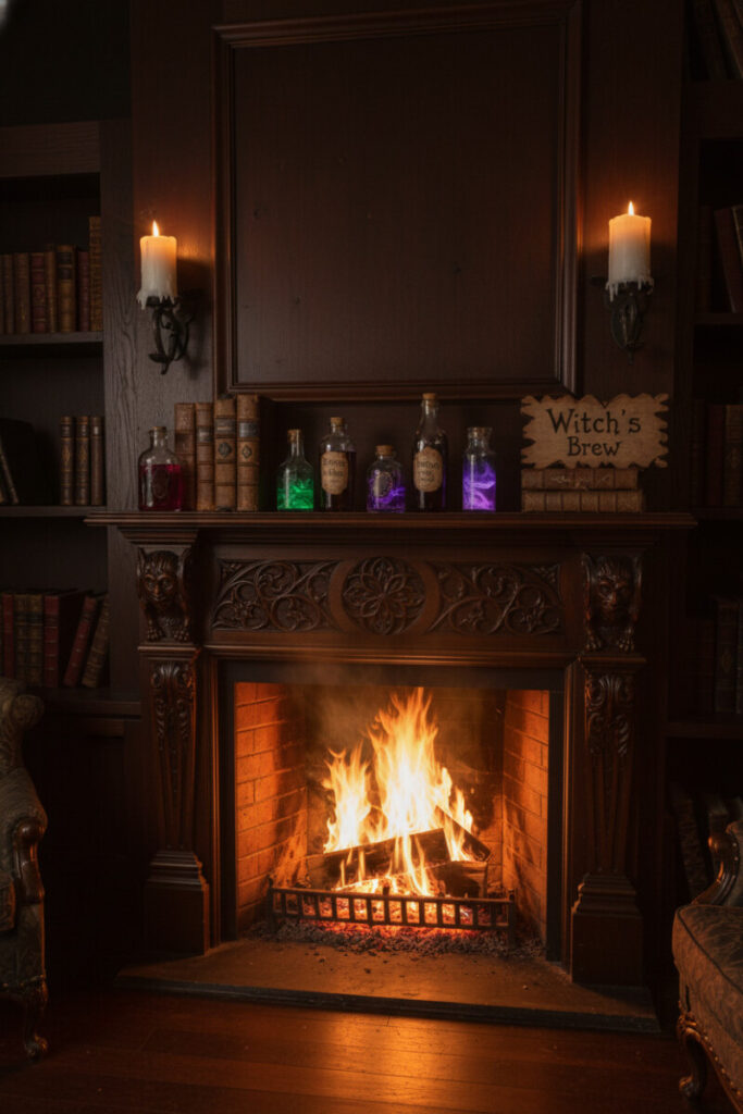 Wooden mantel filled with labeled potion bottles and witch’s books glowing beside wrought-iron sconces.
