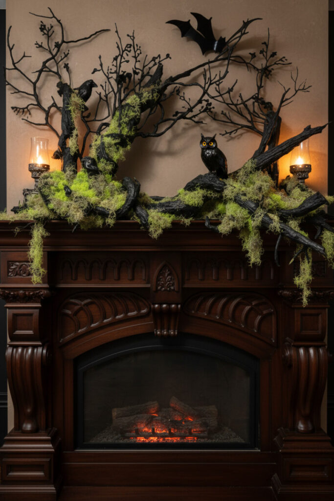 Espresso mantel styled with black branches, Spanish moss, and ravens under candlelight shadows.