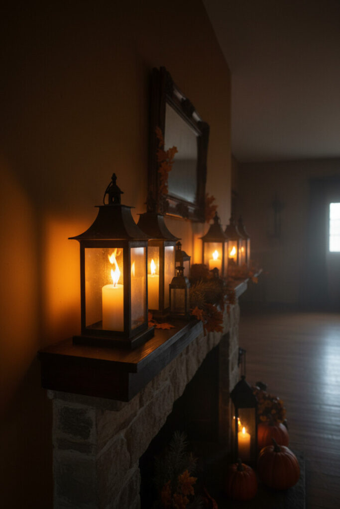 Aged black lanterns with ivory candles lining a dark stone fireplace, casting beams across an ochre wall.