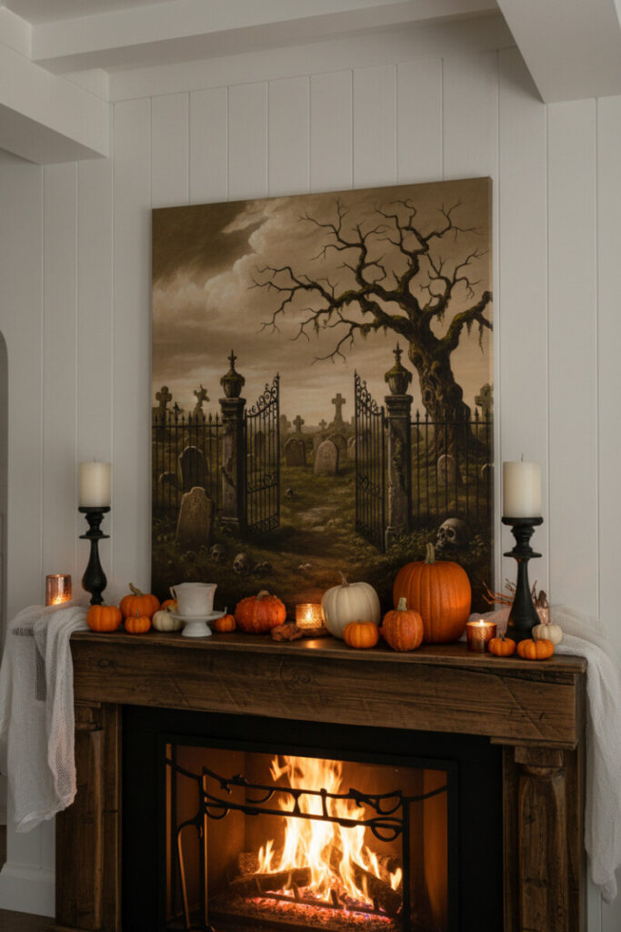 Rustic mantel featuring sepia cemetery artwork, pumpkins, and soft candlelight glow.