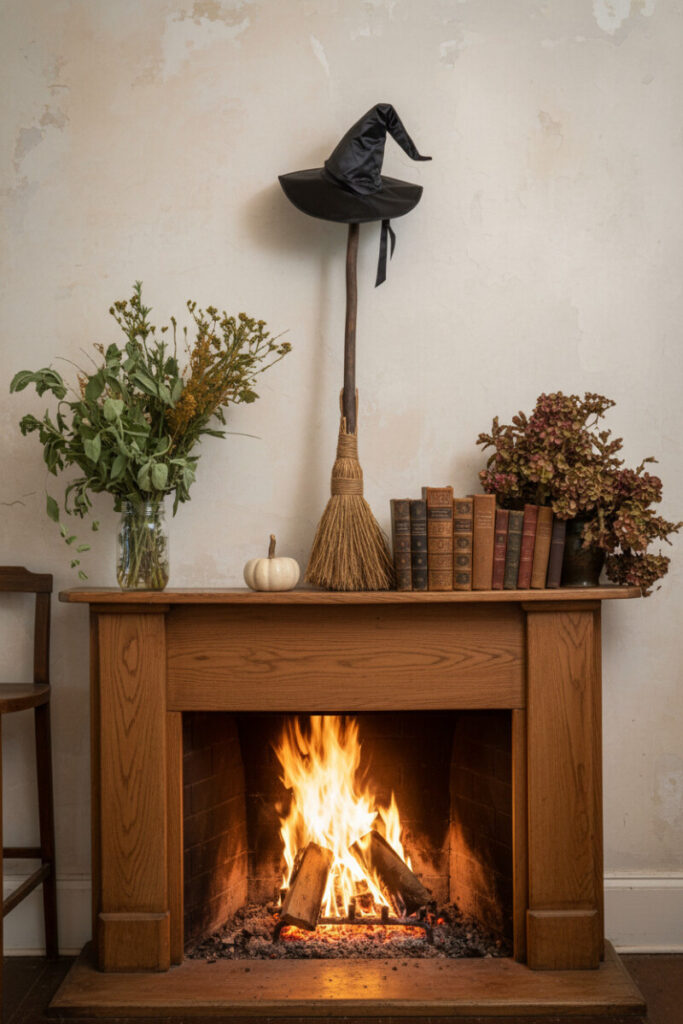 Vintage mantel with straw broom, witch’s hat, herbs, and old books glowing by firelight.