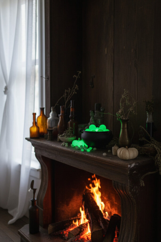 Dark fireplace mantel with cast-iron cauldron glowing green and amber bottles, a whimsical Halloween Mantel Ideas showcase.