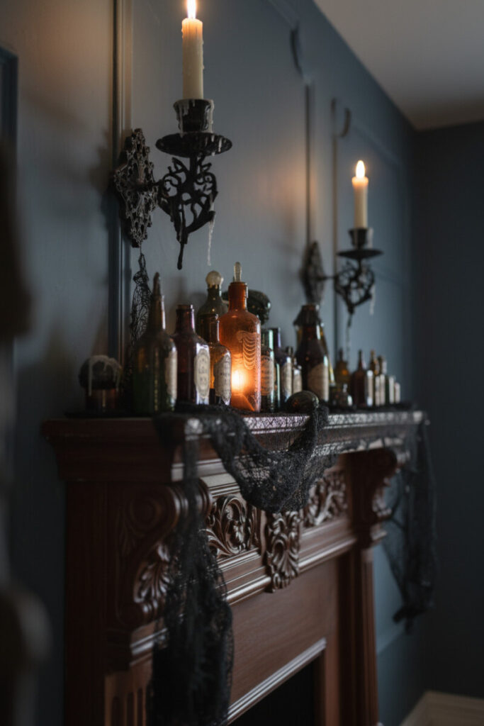 Gothic wooden mantel lined with glowing potion jars, wax candles, and shredded netting for magical effect.