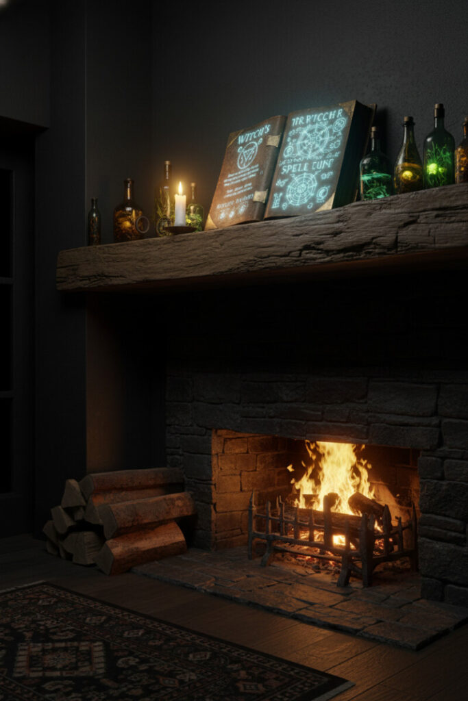 Rustic hearth with open glowing spellbook, potion bottles, and candles—creative and affordable DIY Halloween mantel on a budget setup.