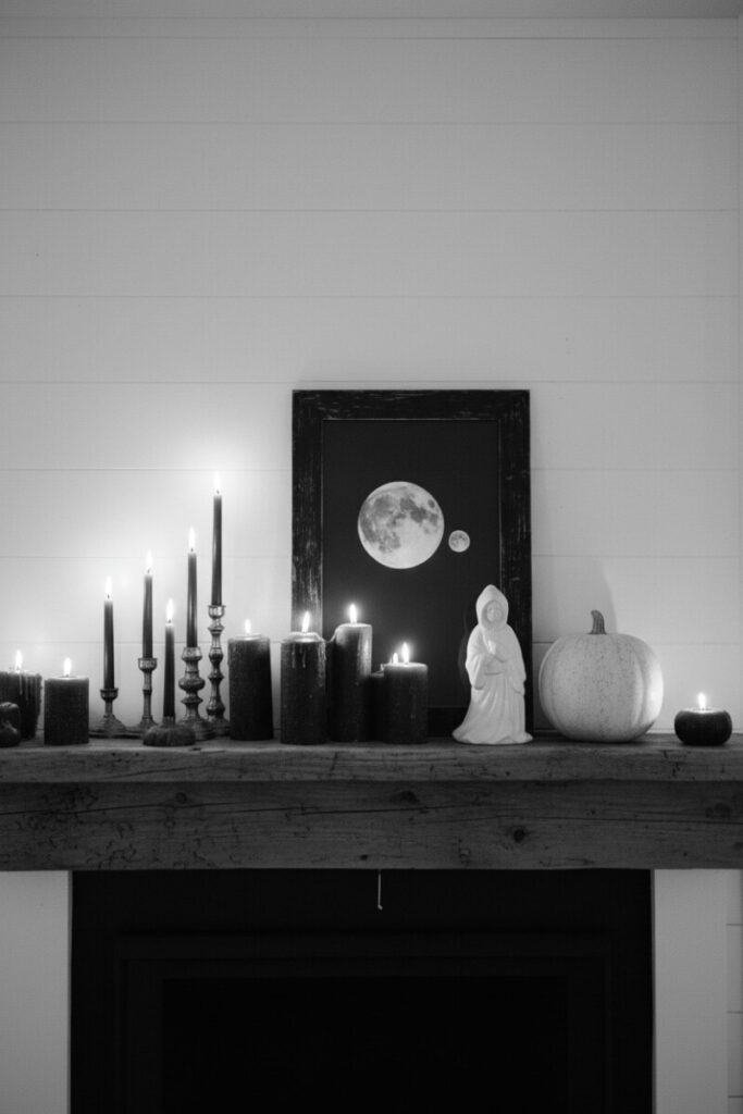 Minimal monochrome fireplace styled with candles and moon art, an elegant example of modern Halloween Mantel Ideas.