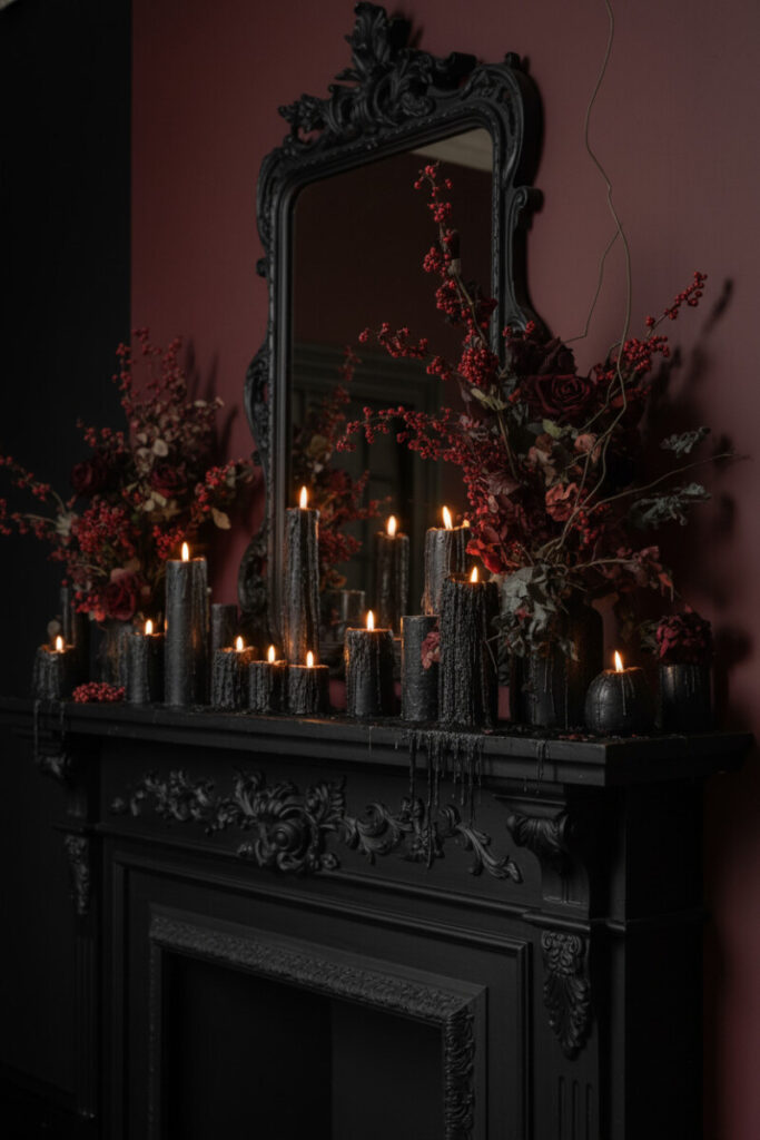 Gothic Victorian mantel overflowing with black candles, deep red roses, and romantic candlelight glow.