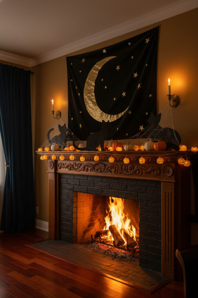 Cozy scene featuring black cat silhouettes, glowing pumpkin lights, and gold crescent moon tapestry over a roaring fire.