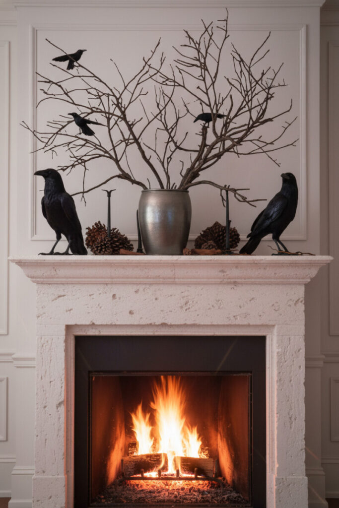 Pale stone mantel with black crow figures, bare branches, and soft amber light for haunting sophistication.