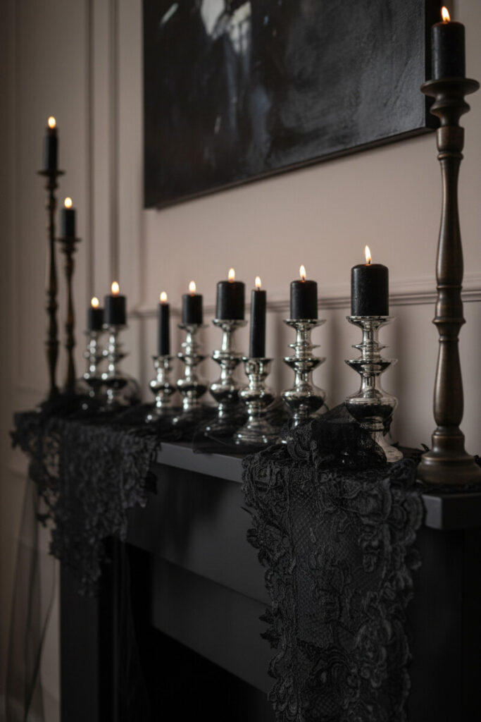 Matte charcoal mantel draped in black lace with silver candleholders glowing in candlelight, dark academia style.