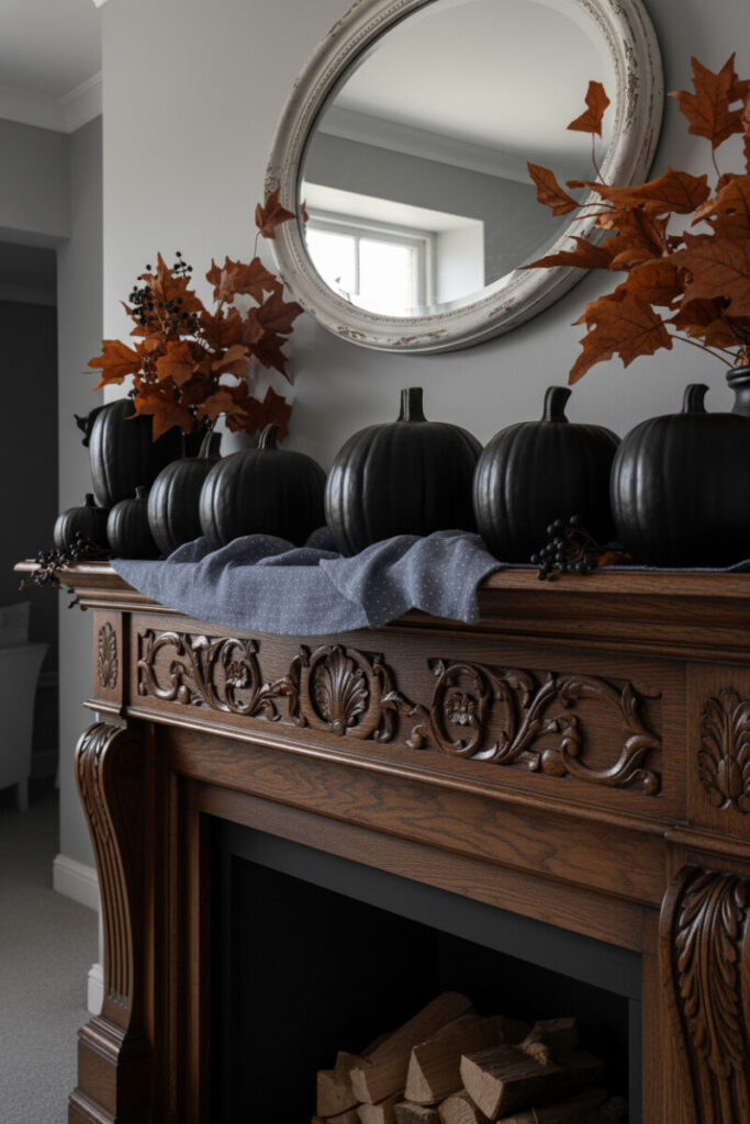 Carved wooden fireplace decorated with glossy black pumpkins and burnt-orange foliage for modern Halloween charm.