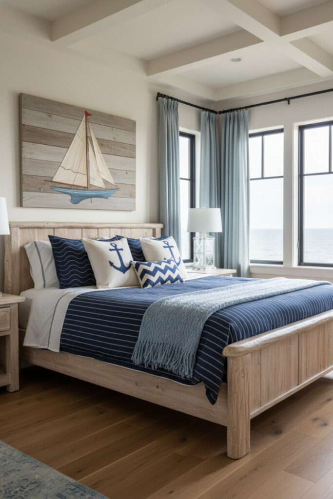 Rustic driftwood furniture, striped duvet, anchor pillows, cerulean knit throw, gridded sea-view windows.