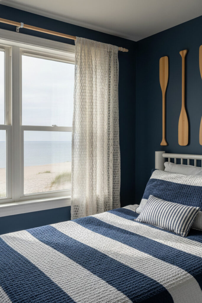 Admiral blue wall, fishnet curtains, white spindle headboard, indigo-striped bedding, wooden paddles by window.