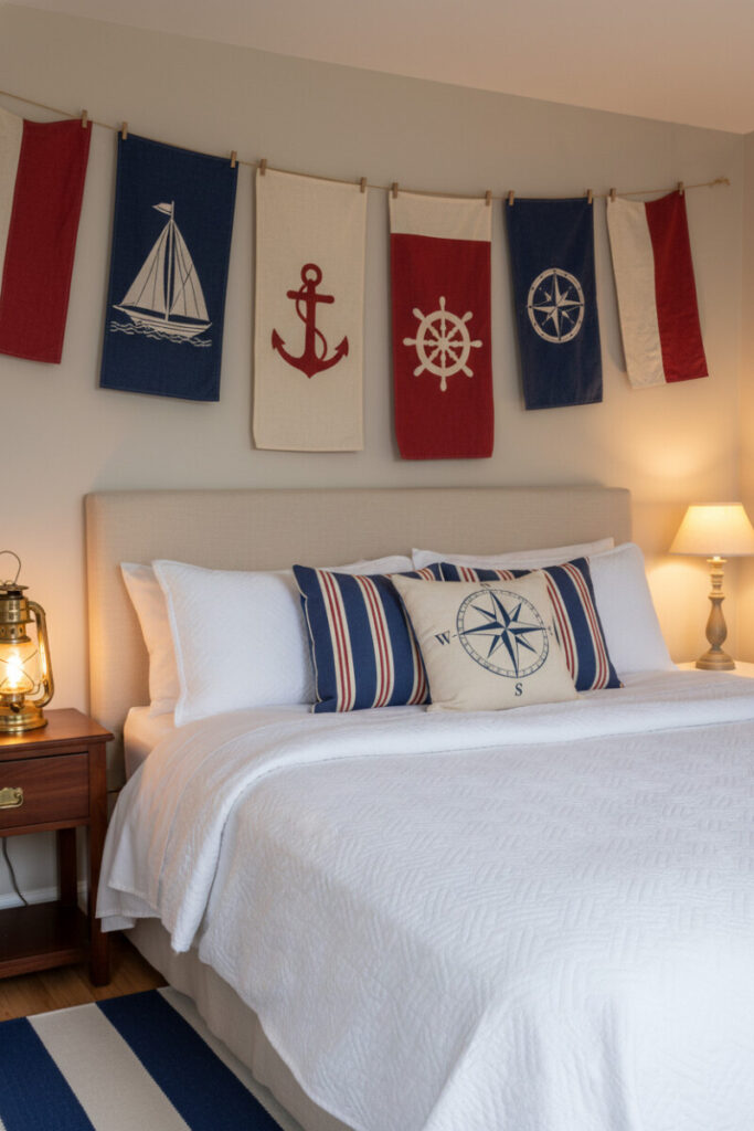 Linen flags above bed, red and navy pillows, brass oil lantern on nightstand, cozy nautical glow.