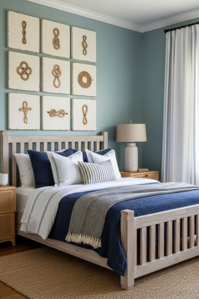 Rope knot wall hangings arranged in grid, seafoam wall, jute rug, navy quilted linens, bleached oak furniture.