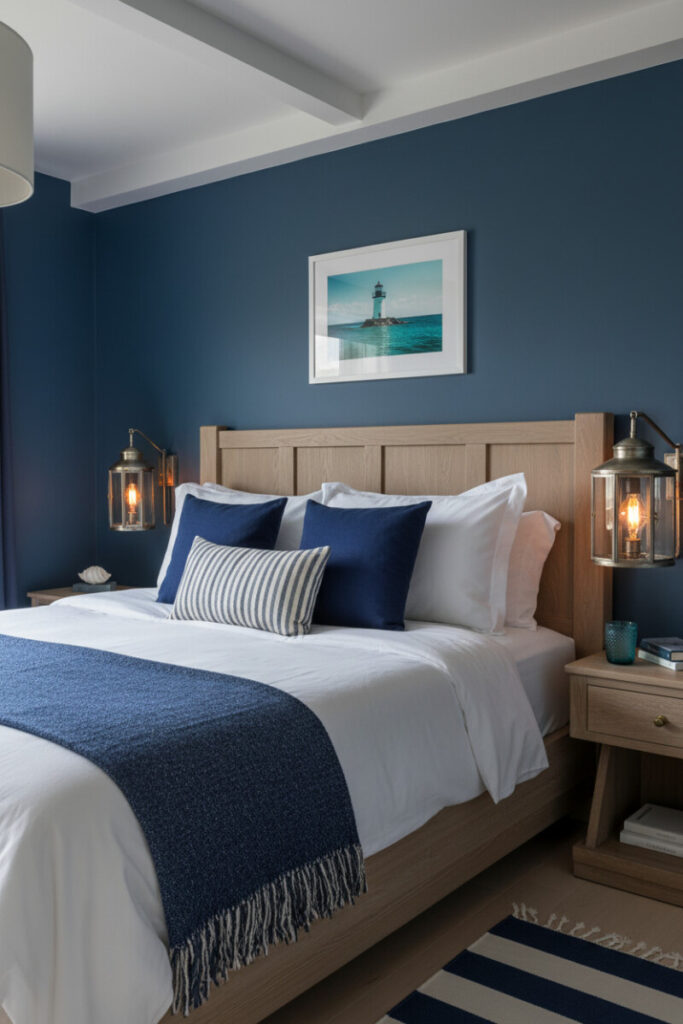 Indigo wall with brass lantern sconces, lighthouse art, oak headboard, striped bedding, warm amber lighting.