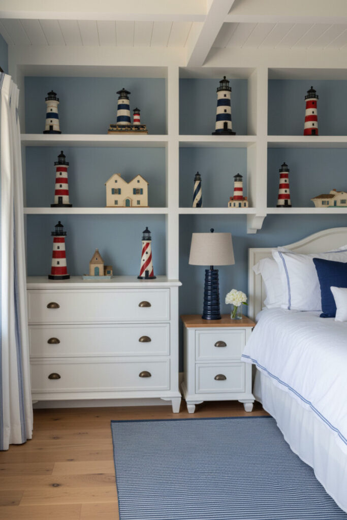 Built-in shelves of lighthouse decor, crisp white cabinetry, navy lamp, piped linens, airy seaside feel.